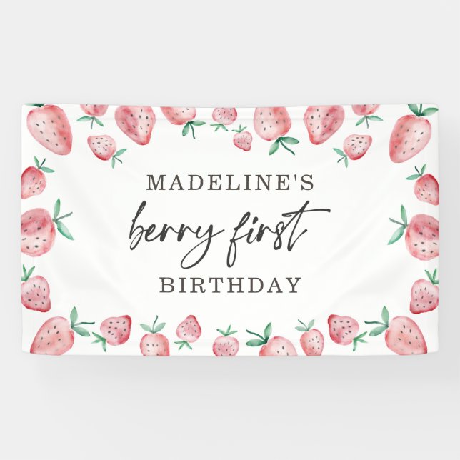 Strawberry First Birthday 1st Berry Sweet Backdrop Banner (Horizontal)