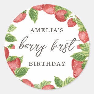 Strawberry First Birthday 1st Berry Sweet Favor  Classic Round Sticker