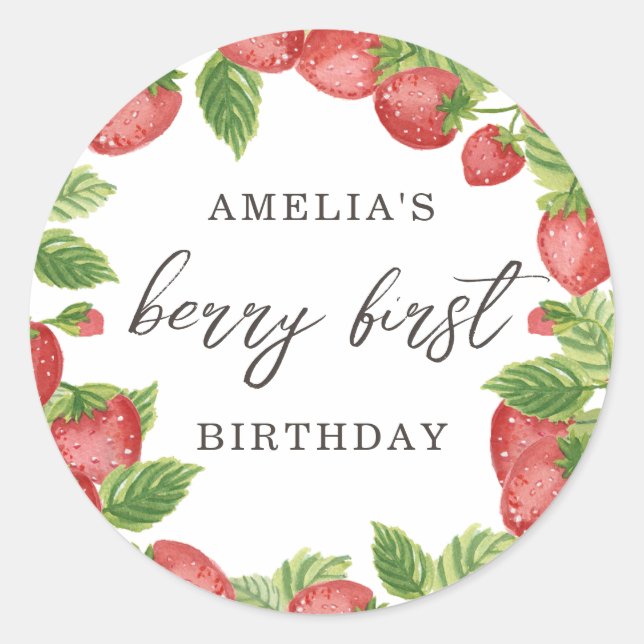 Strawberry First Birthday 1st Berry Sweet Favour  Classic Round Sticker (Front)