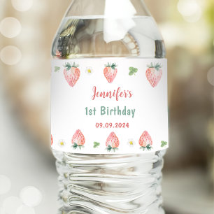Strawberry First Birthday 1st Water Bottle Label