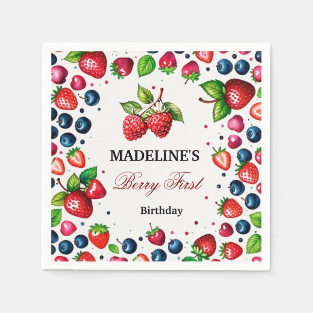 Strawberry First Birthday Baby Shower Napkin (Front)