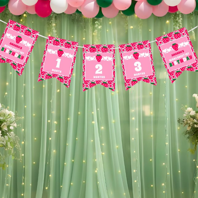Strawberry First Birthday Celebration Bunting Flag (Creator Uploaded)