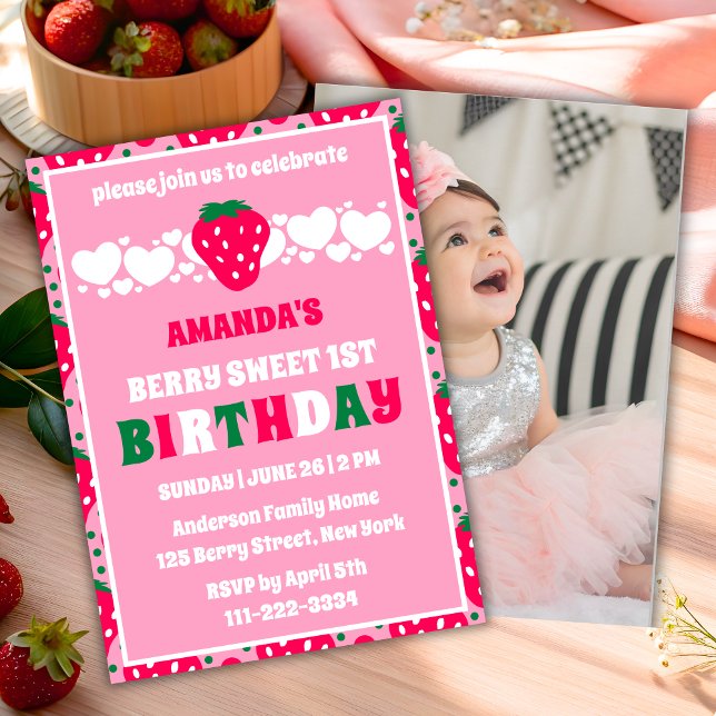 Strawberry First Birthday Celebration Photo Invitation (Creator Uploaded)