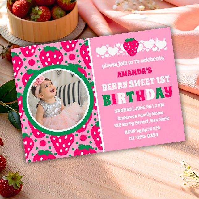 Strawberry First Birthday Celebration Photo Invitation (Creator Uploaded)