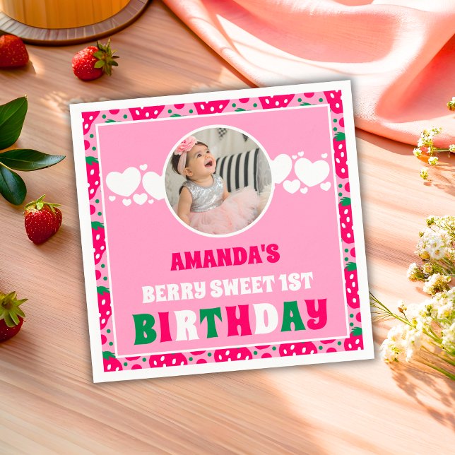 Strawberry First Birthday Celebration Photo Napkin (Creator Uploaded)