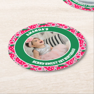 Strawberry First Birthday Celebration Photo Round Paper Coaster