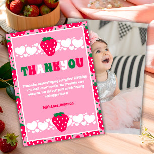 Strawberry First Birthday Celebration Photo Thank You Card