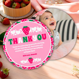 Strawberry First Birthday Celebration Photo Thank You Card