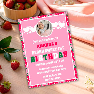 Strawberry First Birthday Celebration Photo Vellum Invitations