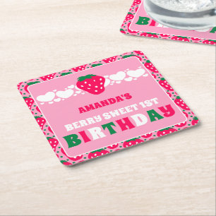 Strawberry First Birthday Celebration Square Paper Coaster