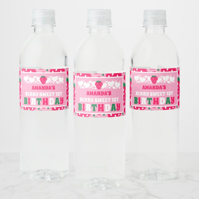 Strawberry First Birthday Celebration Water Bottle Label (Bottles)
