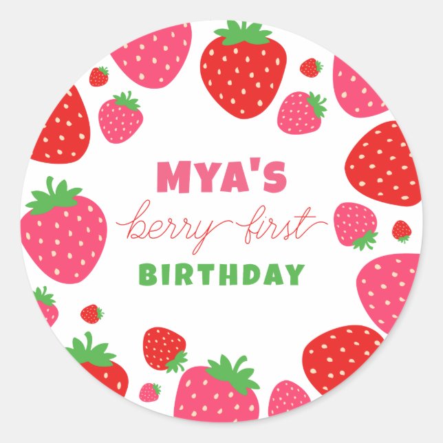 Strawberry First Birthday Favour Stickers (Front)