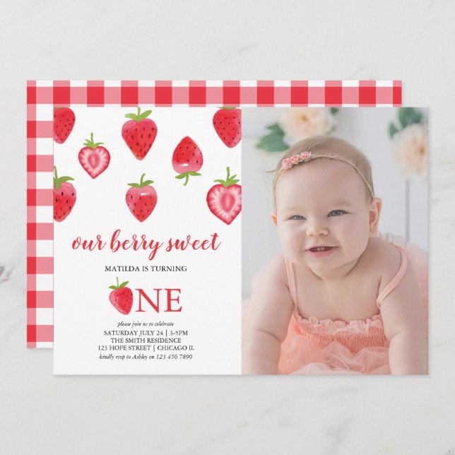 Strawberry First Birthday Girl Photo Invitation (Front/Back)