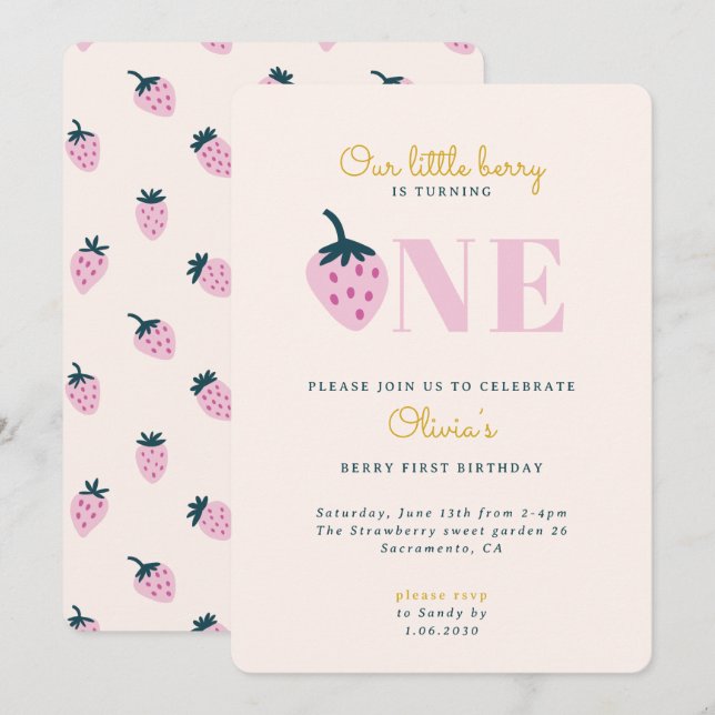 Strawberry first birthday Invitation (Front/Back)
