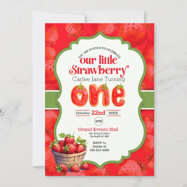Strawberry first birthday invitation (Front)