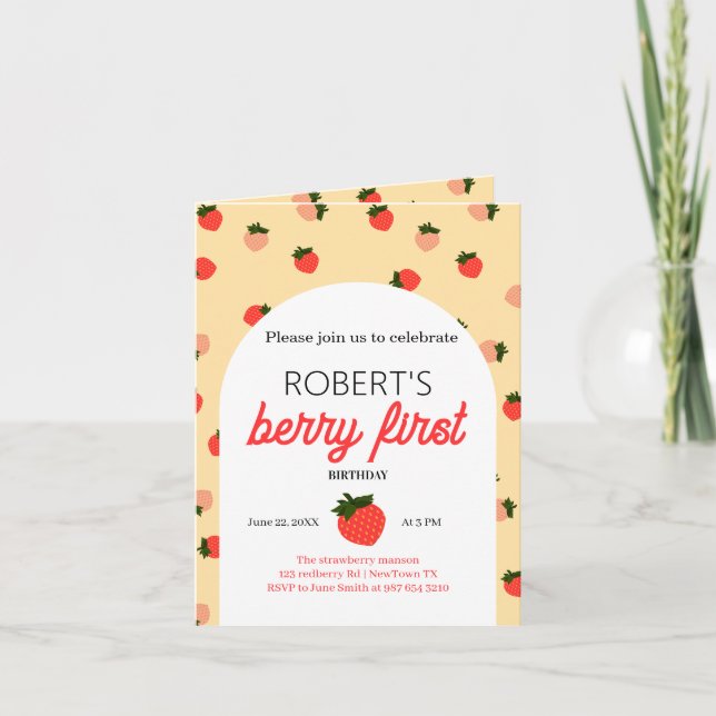 Strawberry first birthday  invitation (Front)