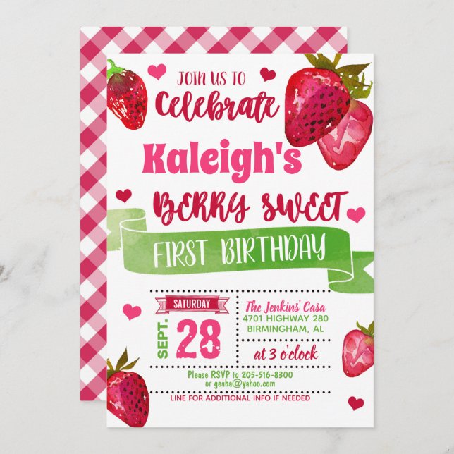 Strawberry First Birthday Invitation (Front/Back)