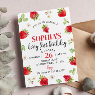Strawberry First Birthday Invitation Berry Sweet