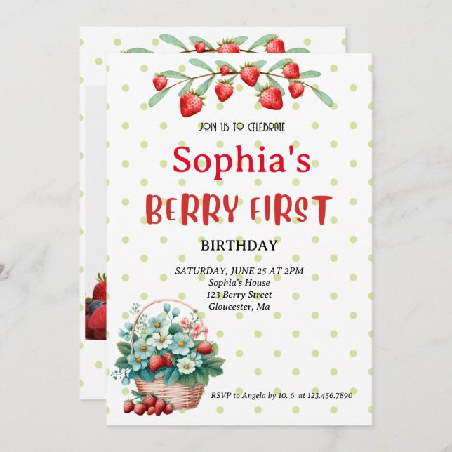 Strawberry First Birthday Party Berry 1st Photo In Invitation (Front/Back)