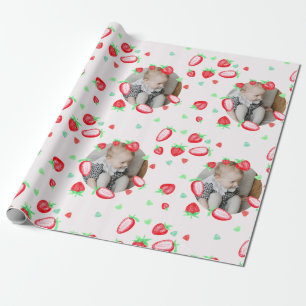 Strawberry first birthday party custom photo wrapping paper