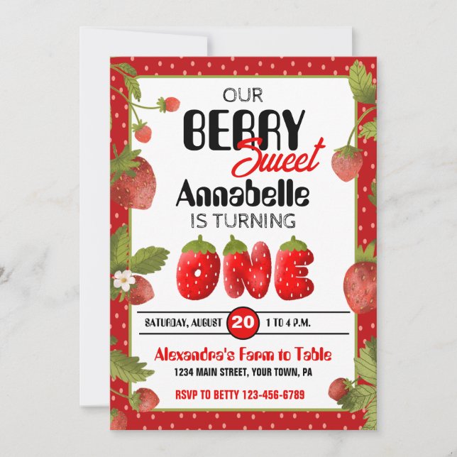 Strawberry First Birthday Party Invitation (Front)