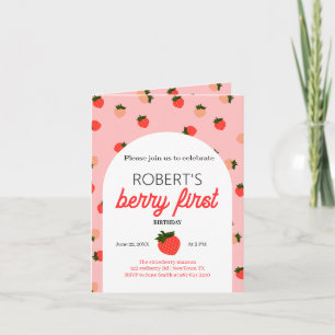 Strawberry first birthday personalised photo invitation