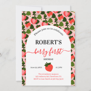 Strawberry first birthday personalised photo invitation