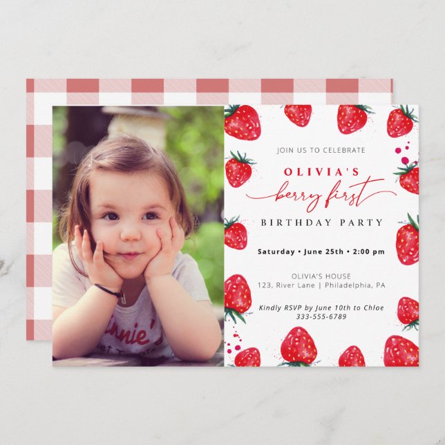 Strawberry First Birthday Photo Invitation (Front/Back)