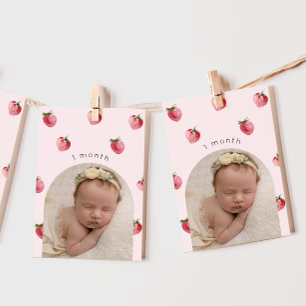 Strawberry first birthday photo milestone banner invitation