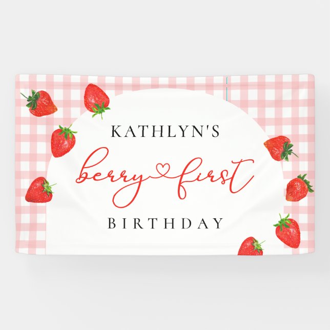 Strawberry First Birthday Pink Berry 1st Banner (Horizontal)