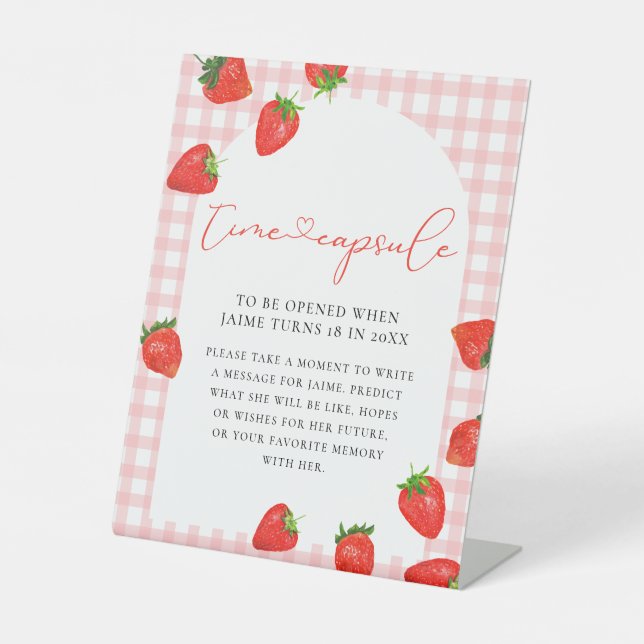 Strawberry First Birthday Pink Berry Time Capsule Pedestal Sign (Front)