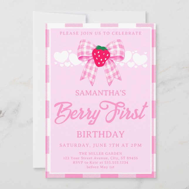 Strawberry First Birthday Pink Gingham Bow Invitation (Front)