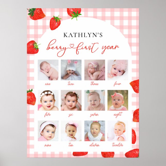 Strawberry First Birthday Pink Milestone 12 Photo Poster (Front)