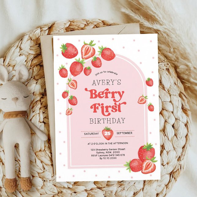 Strawberry First Birthday Red Boho Arch Invitation (Creator Uploaded)