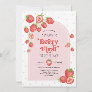 Strawberry First Birthday Red Boho Arch Invitation