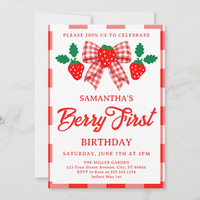 Strawberry First Birthday Red Gingham Bow Invitation (Front)