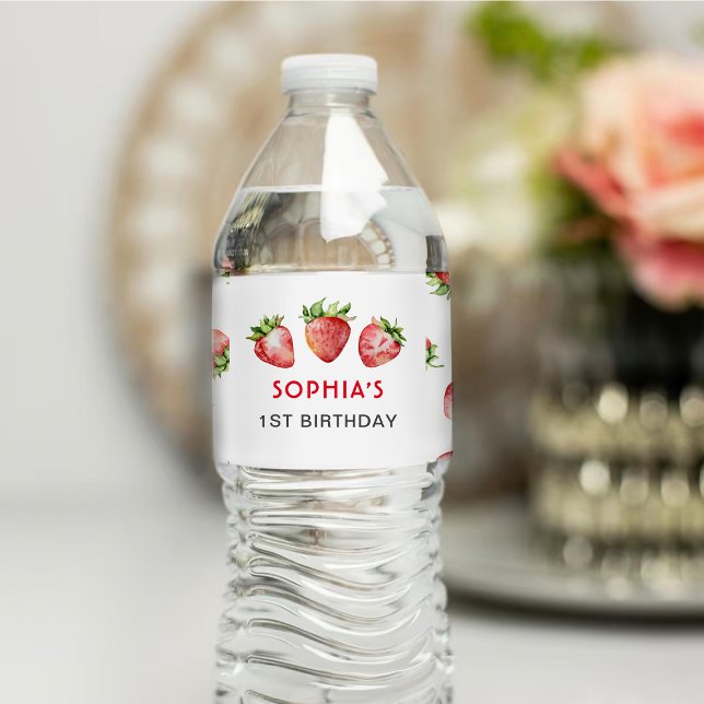 Strawberry First Birthday Water Bottle Label (Creator Uploaded)