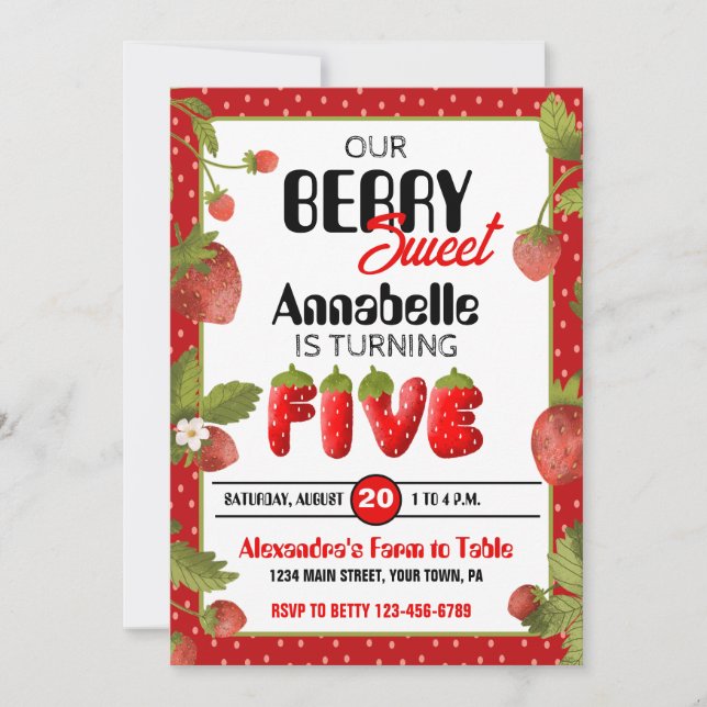 Strawberry Five Birthday Party Invitation (Front)