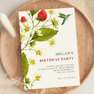 Strawberry Floral branch minimalist birthday Invitation