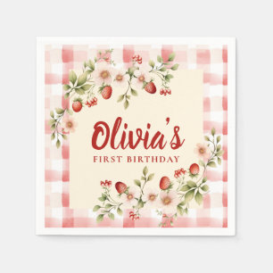 Strawberry Floral Gingham First Birthday  Napkin
