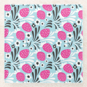Strawberry Floral: Pink Berry Seamless. Glass Coaster