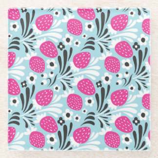 Strawberry Floral: Pink Berry Seamless. Glass Coaster