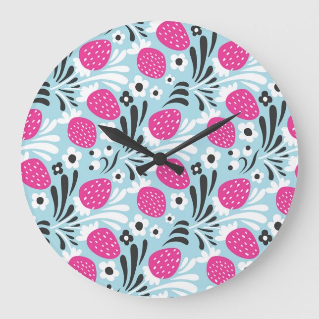 Strawberry Floral: Pink Berry Seamless. Large Clock (Front)