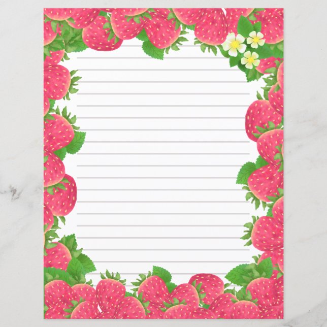 Strawberry Flowers Lined Stationery Paper (Front)