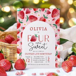 Strawberry Four Ever Sweet Berry 4th Birthday Invitation
