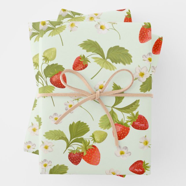 Strawberry Fruit, Leaves and Flowers Wrapping Paper Sheet (In situ)