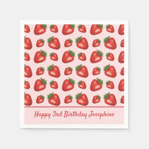 Strawberry Fruit Pattern On Pink Happy Birthday Napkin