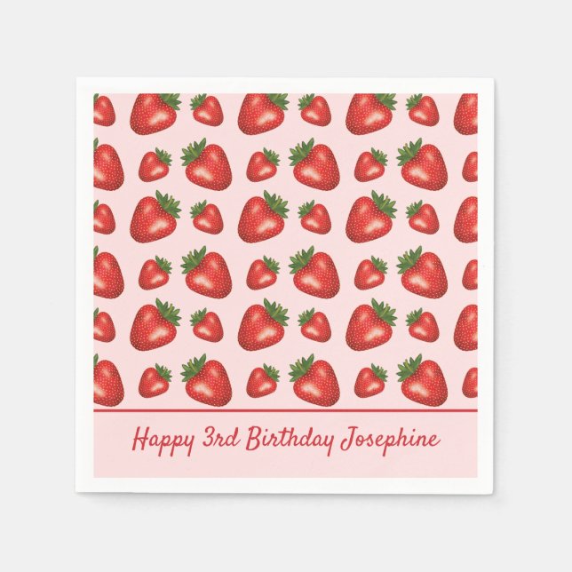 Strawberry Fruit Pattern On Pink Happy Birthday Napkin (Front)
