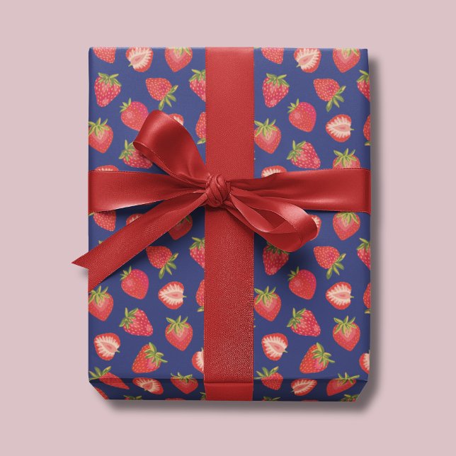 Strawberry  Fruit pattern Wrapping Paper (Strawberry wrapping paper on royal blue background)
