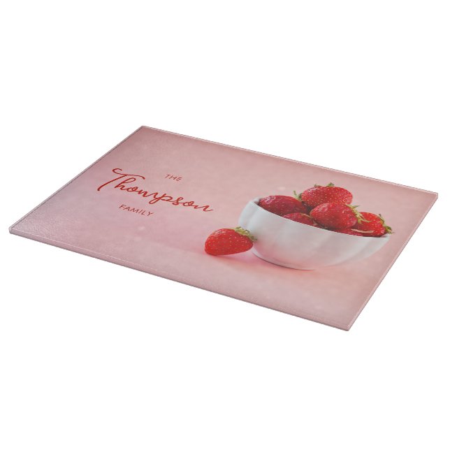 Strawberry Fruits In A Bowl On Pink Family Name Cutting Board (Corner)